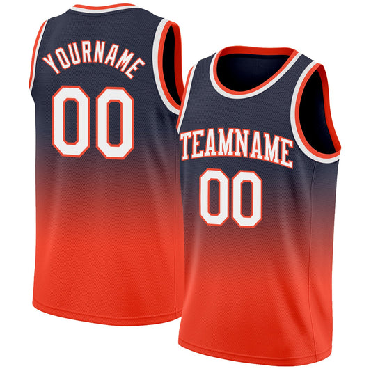 Custom Navy White-Orange Authentic Fade Fashion Basketball Jersey - Main View
