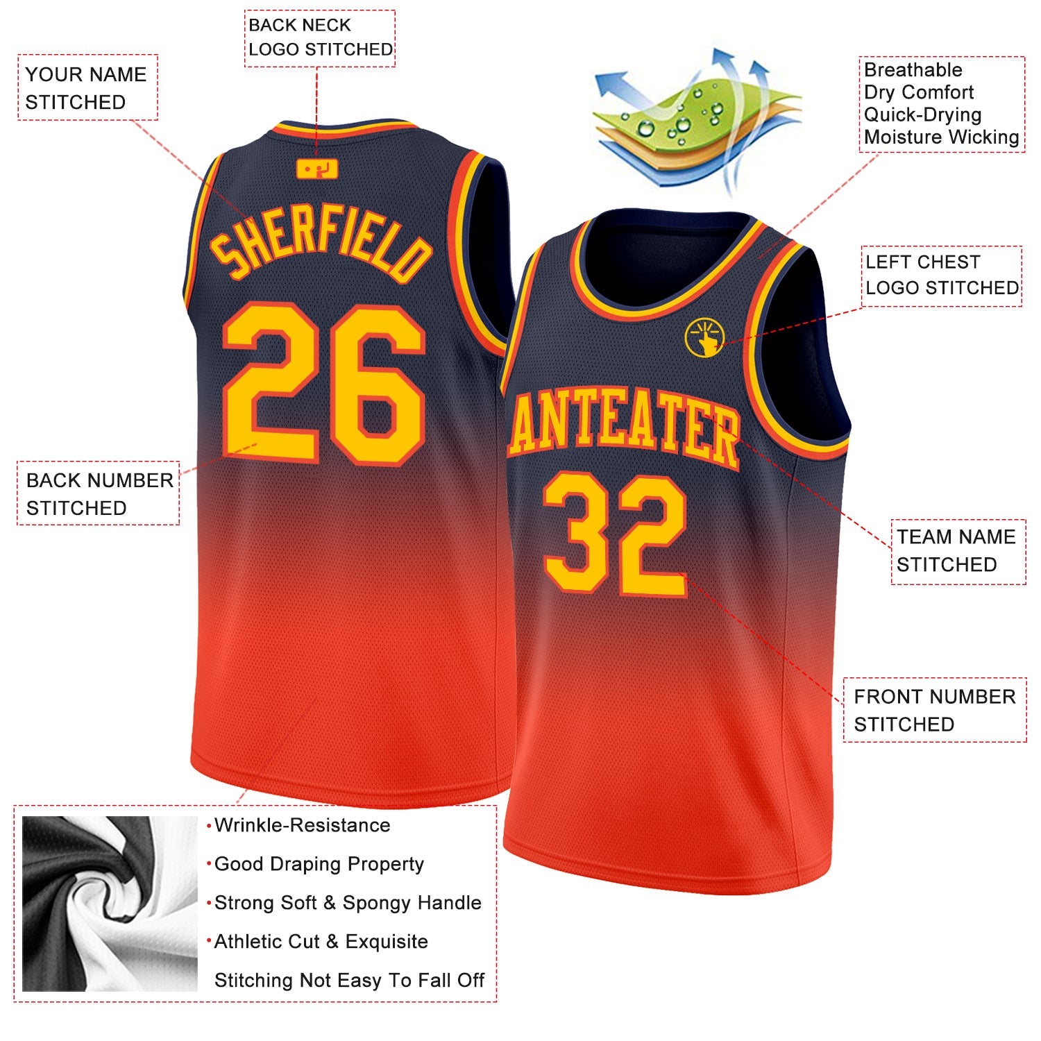 Custom Navy Gold-Orange Authentic Fade Fashion Basketball Jersey view 2