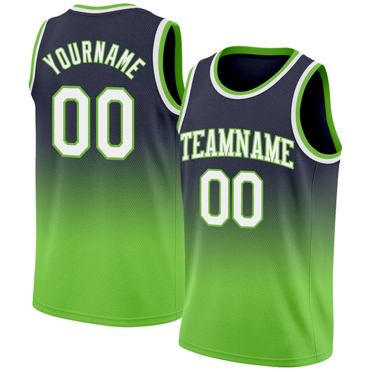Custom Navy White-Neon Green Authentic Fade Fashion Basketball Jersey - Main View