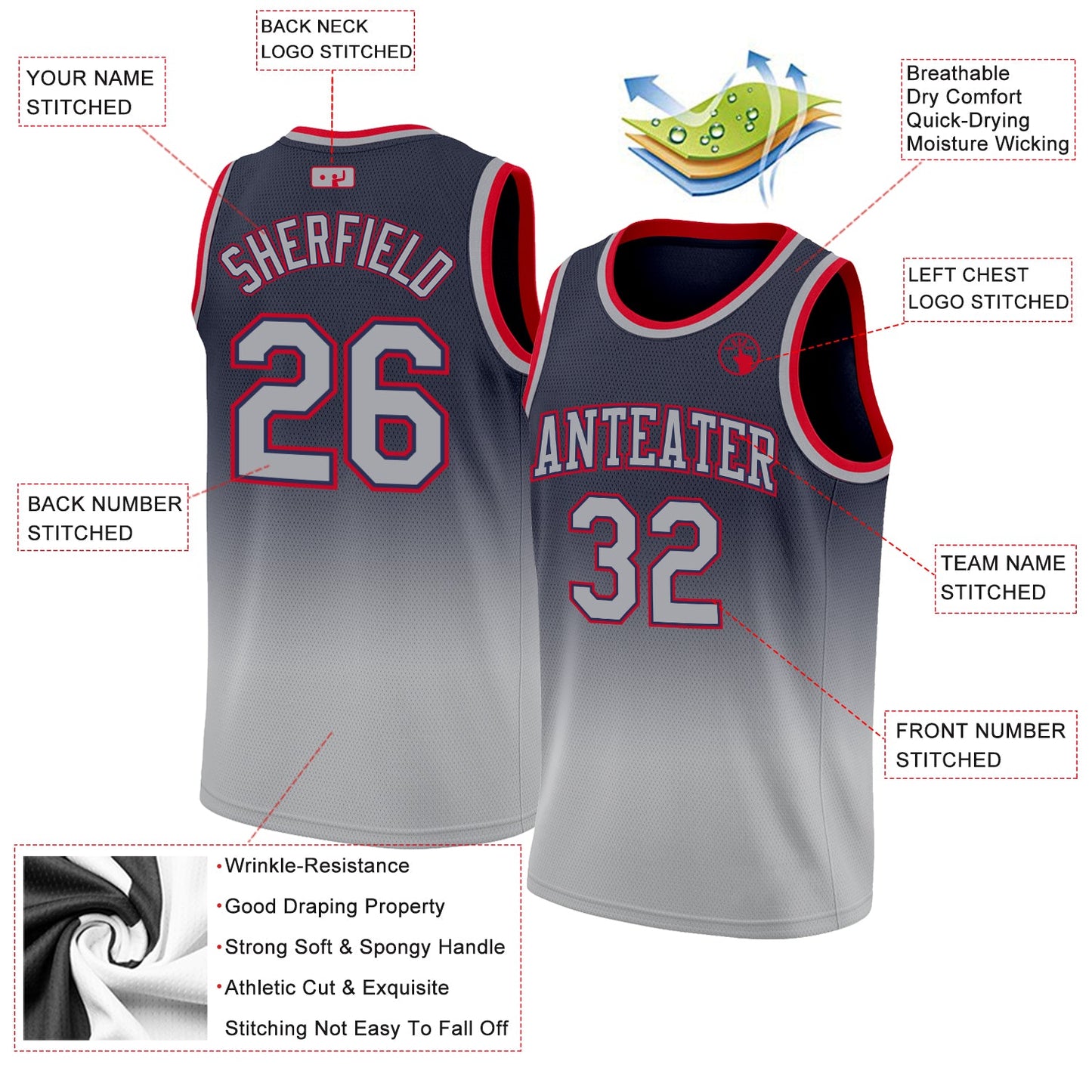 Custom Navy Gray-Red Authentic Fade Fashion Basketball Jersey view 2
