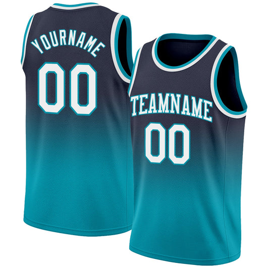 Custom Navy White-Teal Authentic Fade Fashion Basketball Jersey - Main View