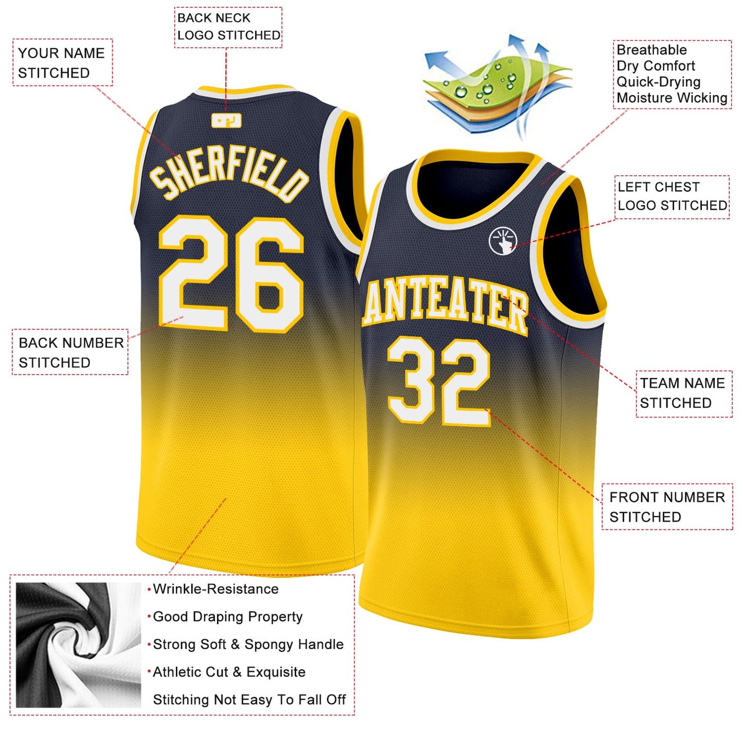 Custom Navy White-Gold Authentic Fade Fashion Basketball Jersey view 2