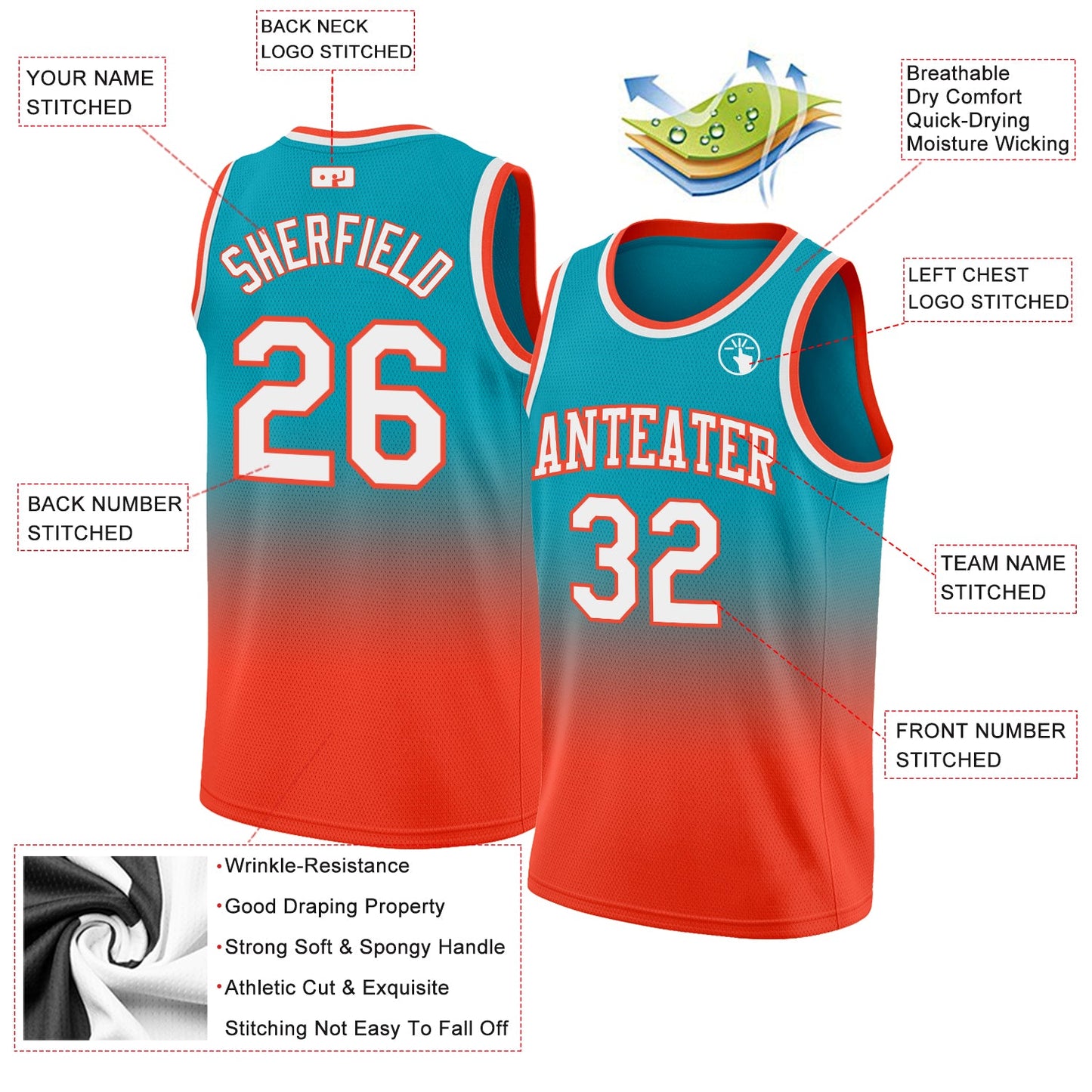 Custom Teal White-Orange Authentic Fade Fashion Basketball Jersey view 3