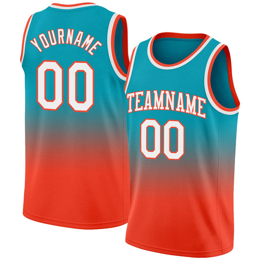 Custom Teal White-Orange Authentic Fade Fashion Basketball Jersey - Main View