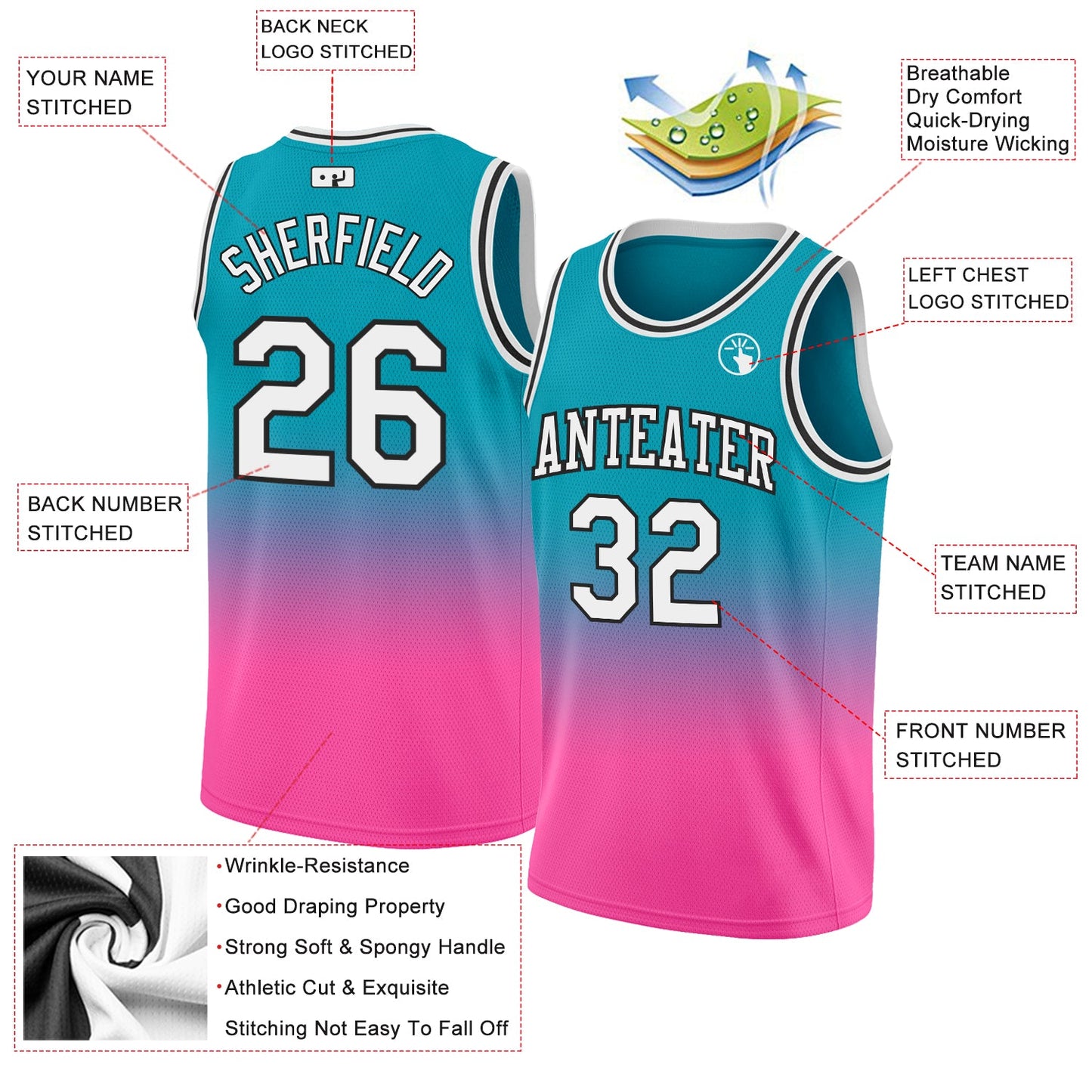 Custom Teal White-Pink Authentic Fade Fashion Basketball Jersey view 2