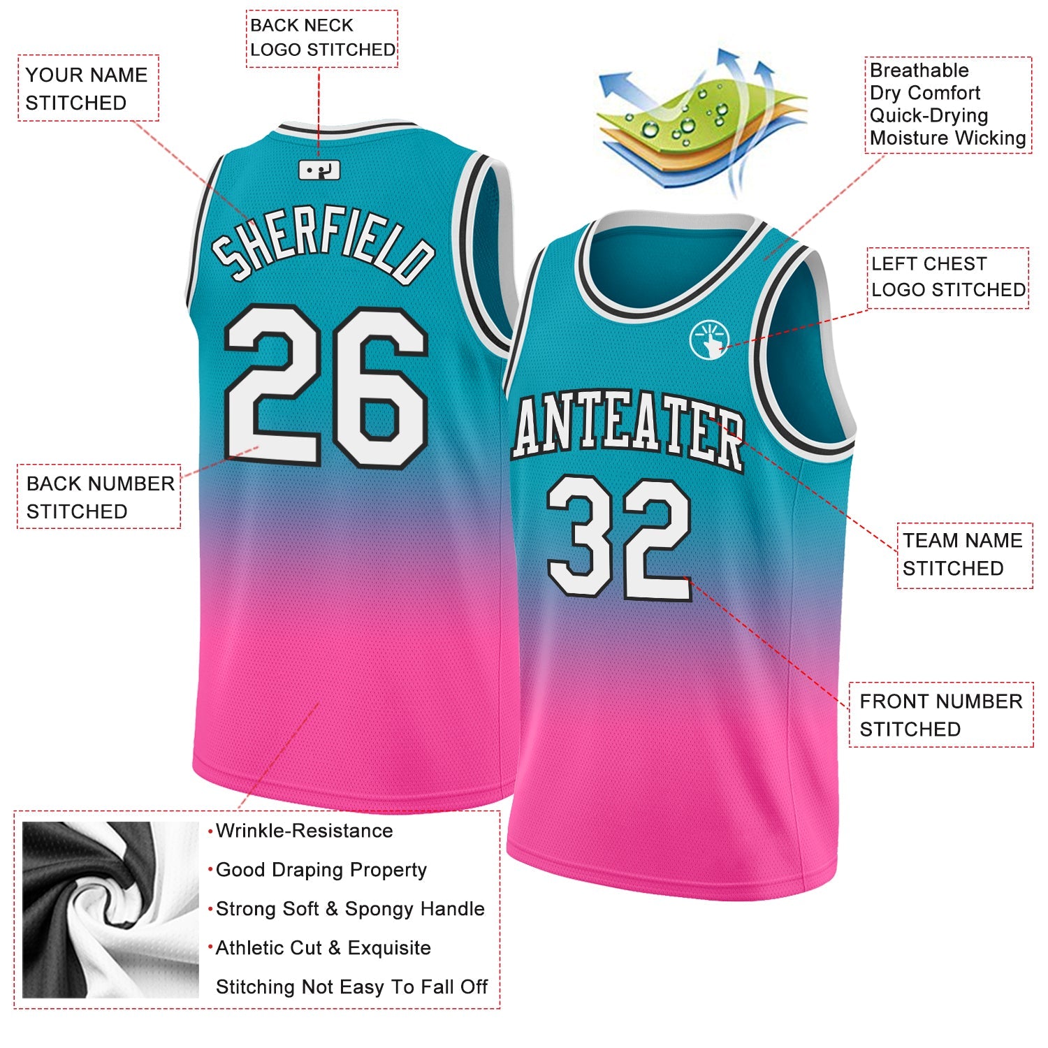 Custom Teal White-Pink Authentic Fade Fashion Basketball Jersey view 2