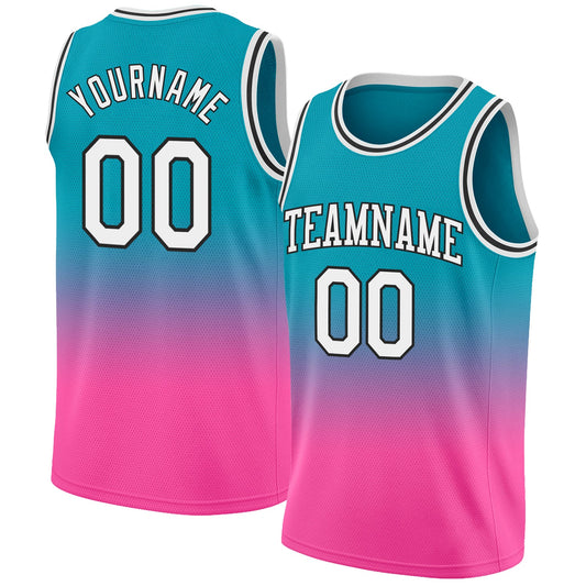 Custom Teal White-Pink Authentic Fade Fashion Basketball Jersey - Main View