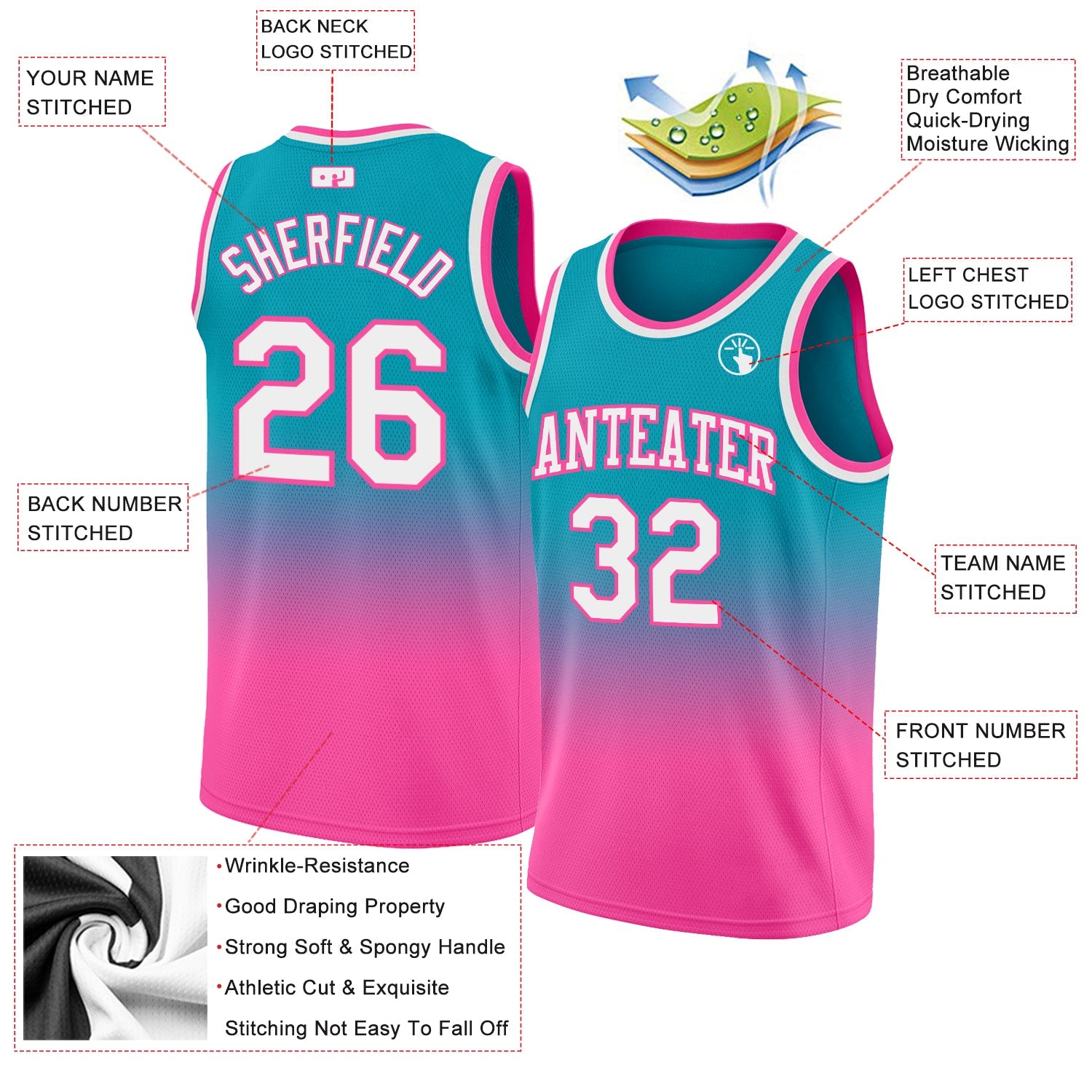 Custom Teal White-Pink Authentic Fade Fashion Basketball Jersey view 2