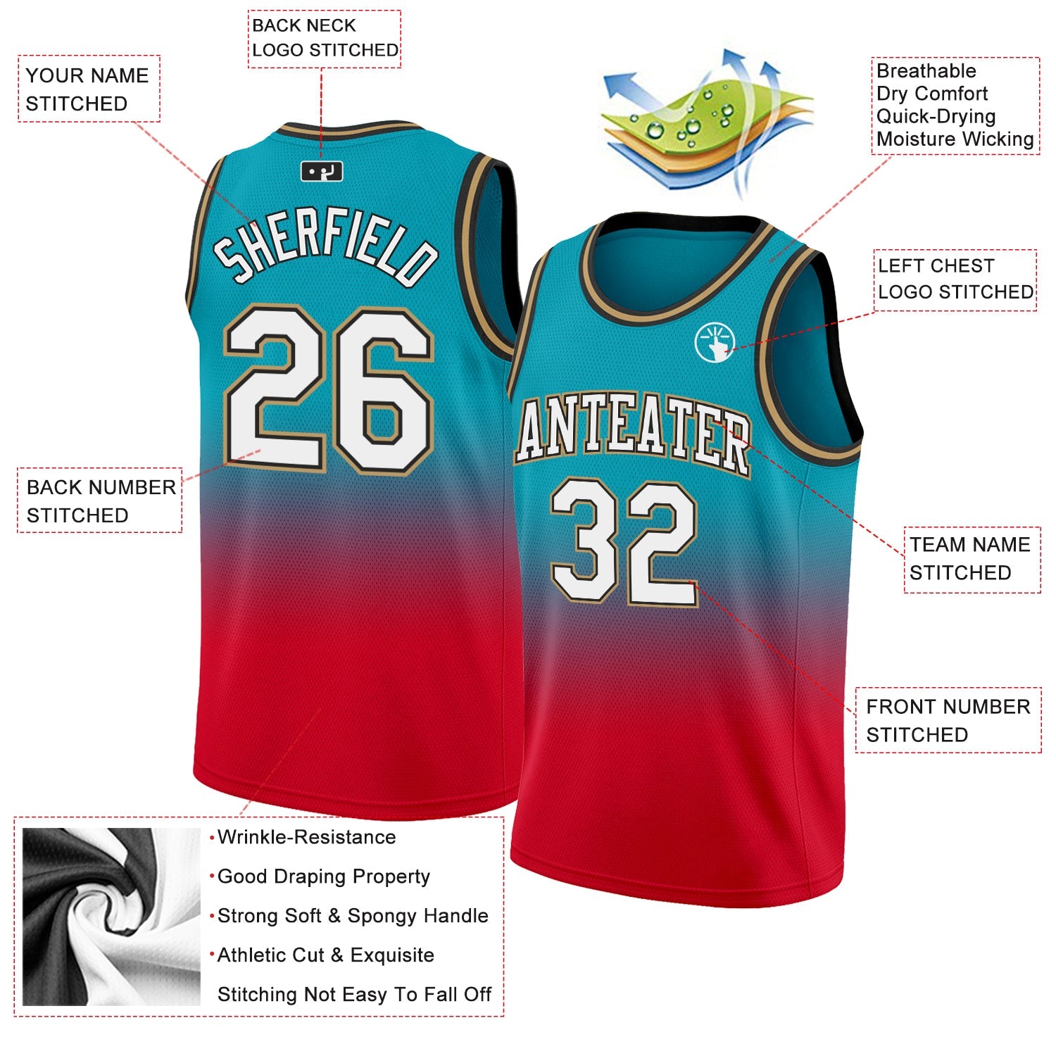 Custom Teal White-Red Authentic Fade Fashion Basketball Jersey view 2