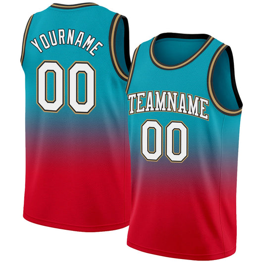 Custom Teal White-Red Authentic Fade Fashion Basketball Jersey - Main View