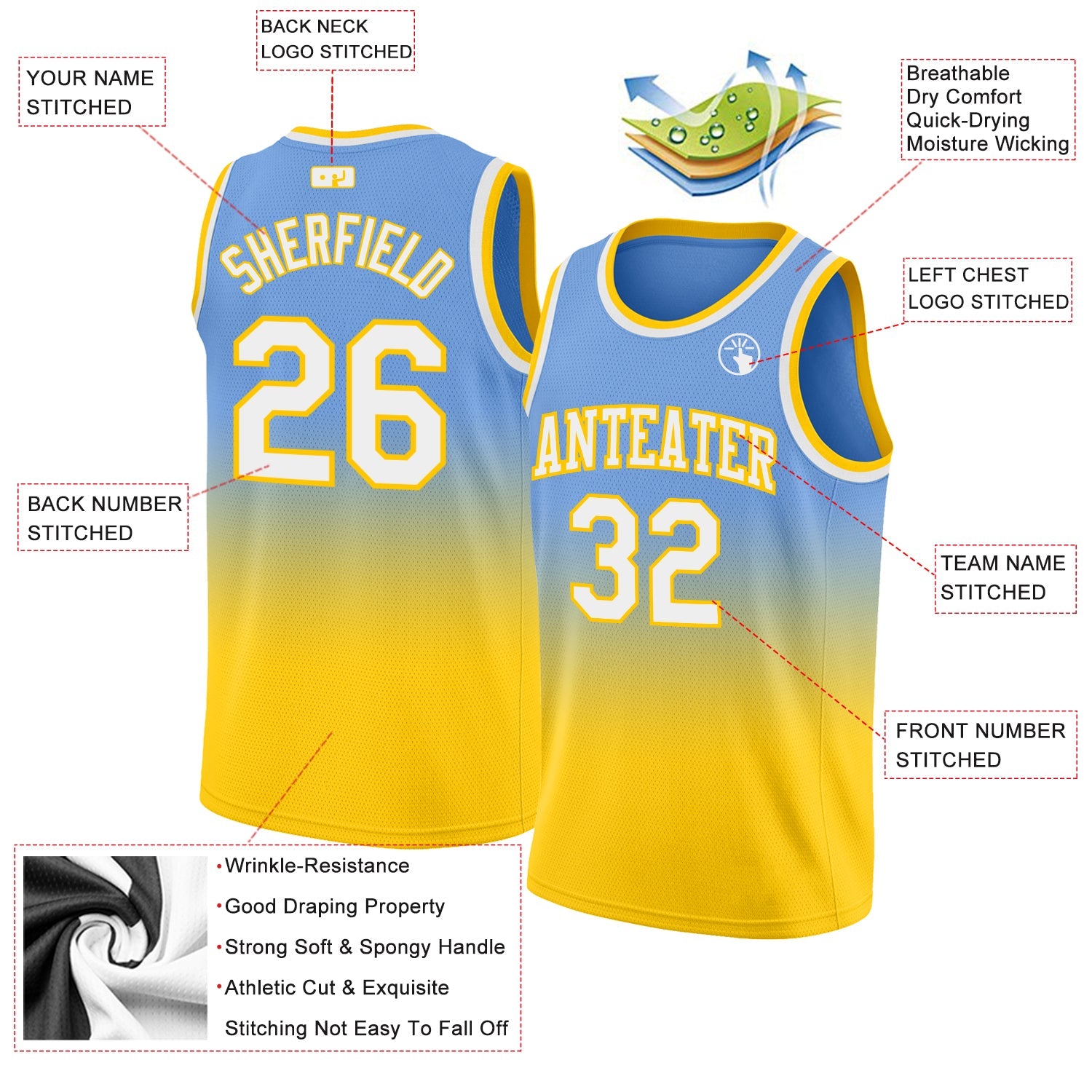 Custom Light Blue White-Gold Authentic Fade Fashion Basketball Jersey view 2