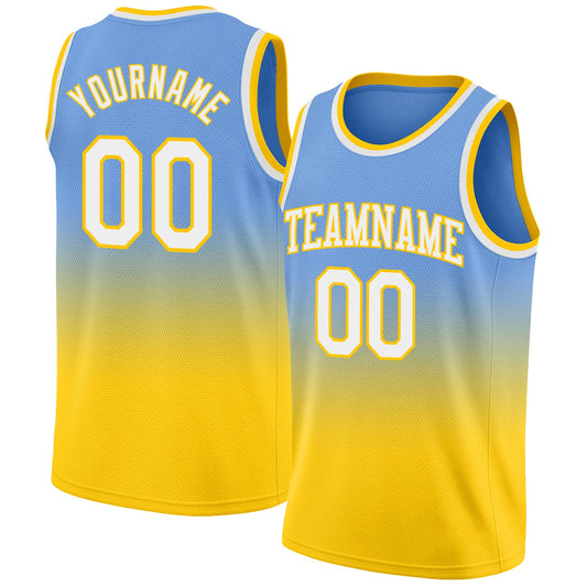 Custom Light Blue White-Gold Authentic Fade Fashion Basketball Jersey - Main View