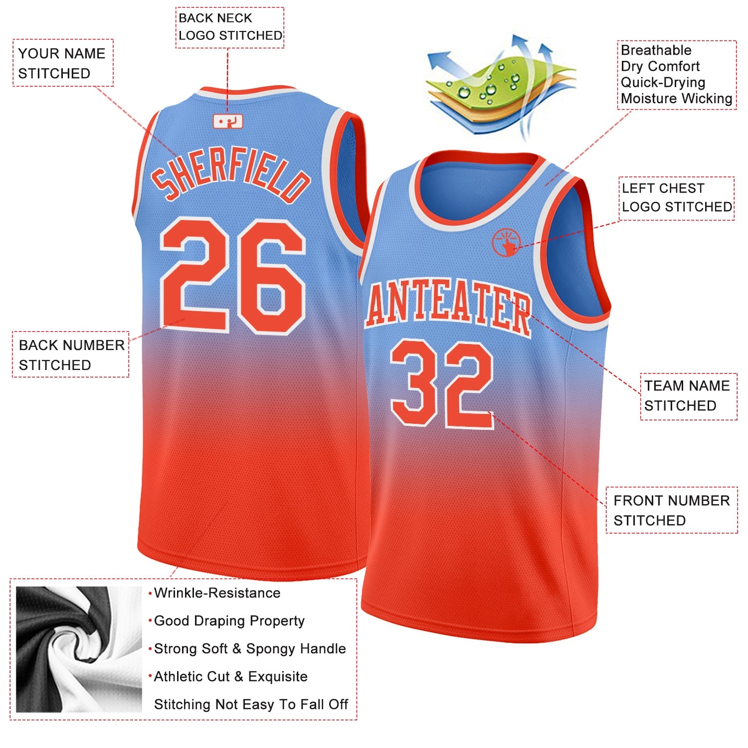 Custom Light Blue Orange-White Authentic Fade Fashion Basketball Jersey view 2