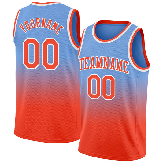Custom Light Blue Orange-White Authentic Fade Fashion Basketball Jersey - Main View