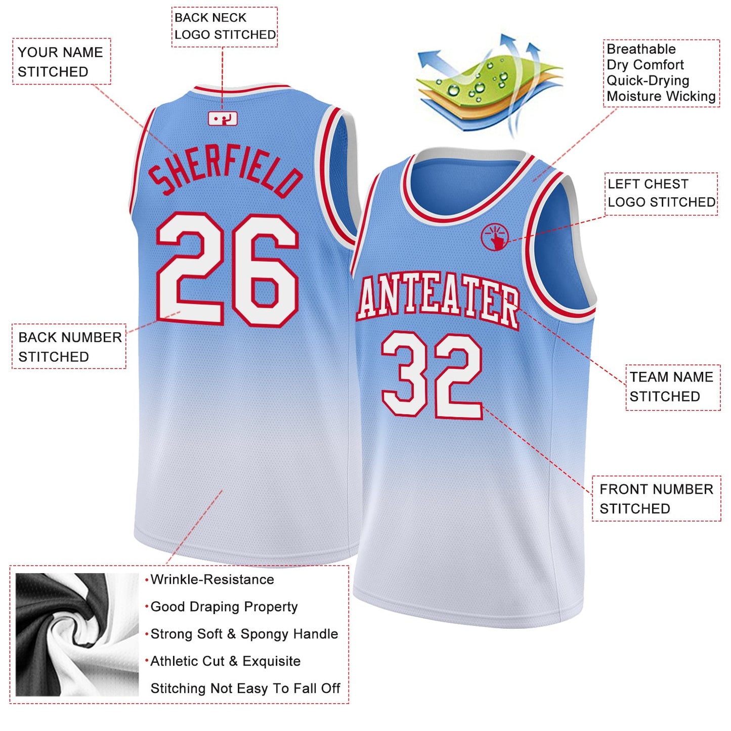 Custom Light Blue White-Red Authentic Fade Fashion Basketball Jersey view 2