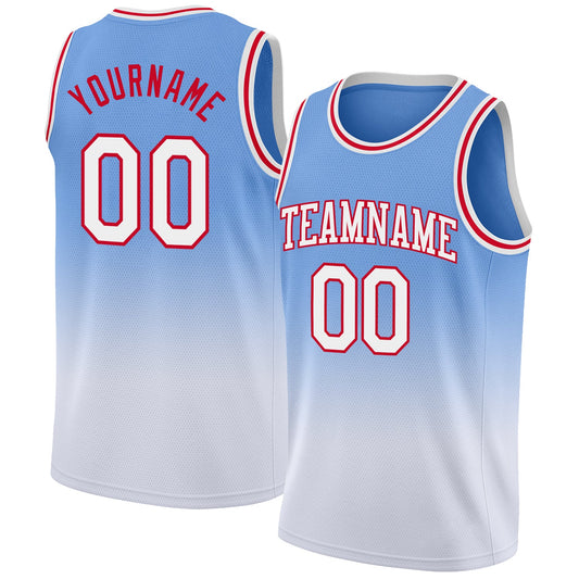 Custom Light Blue White-Red Authentic Fade Fashion Basketball Jersey - Main View