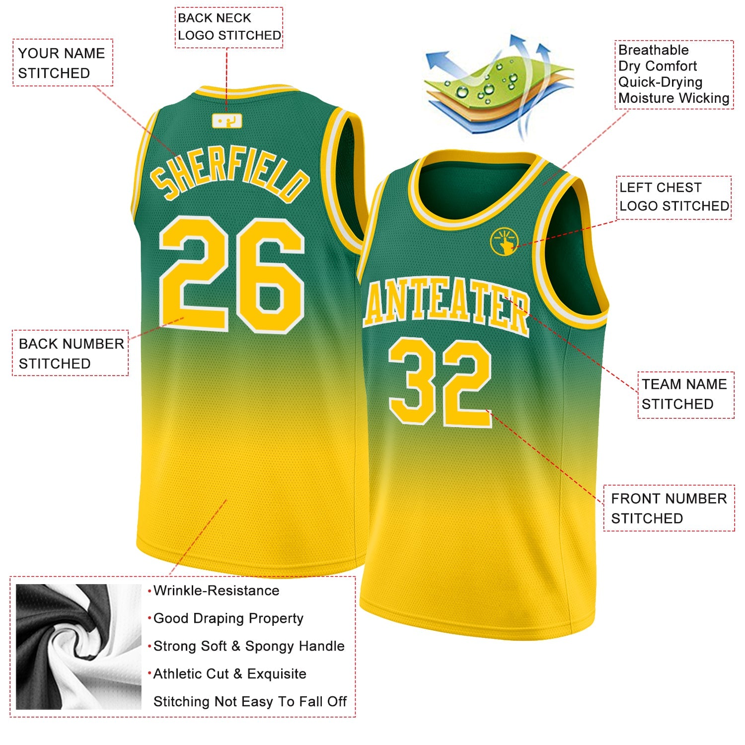 Custom Kelly Green Gold-White Authentic Fade Fashion Basketball Jersey view 2