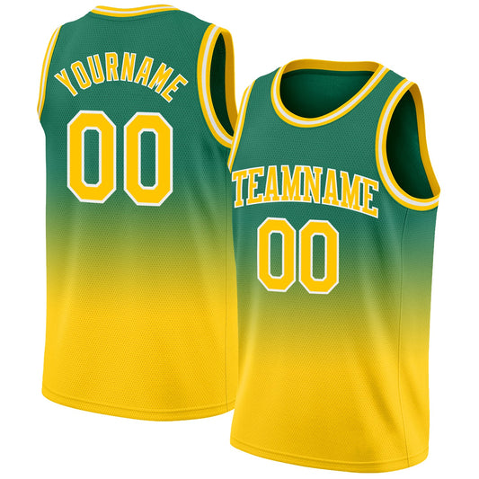 Custom Kelly Green Gold-White Authentic Fade Fashion Basketball Jersey - Main View