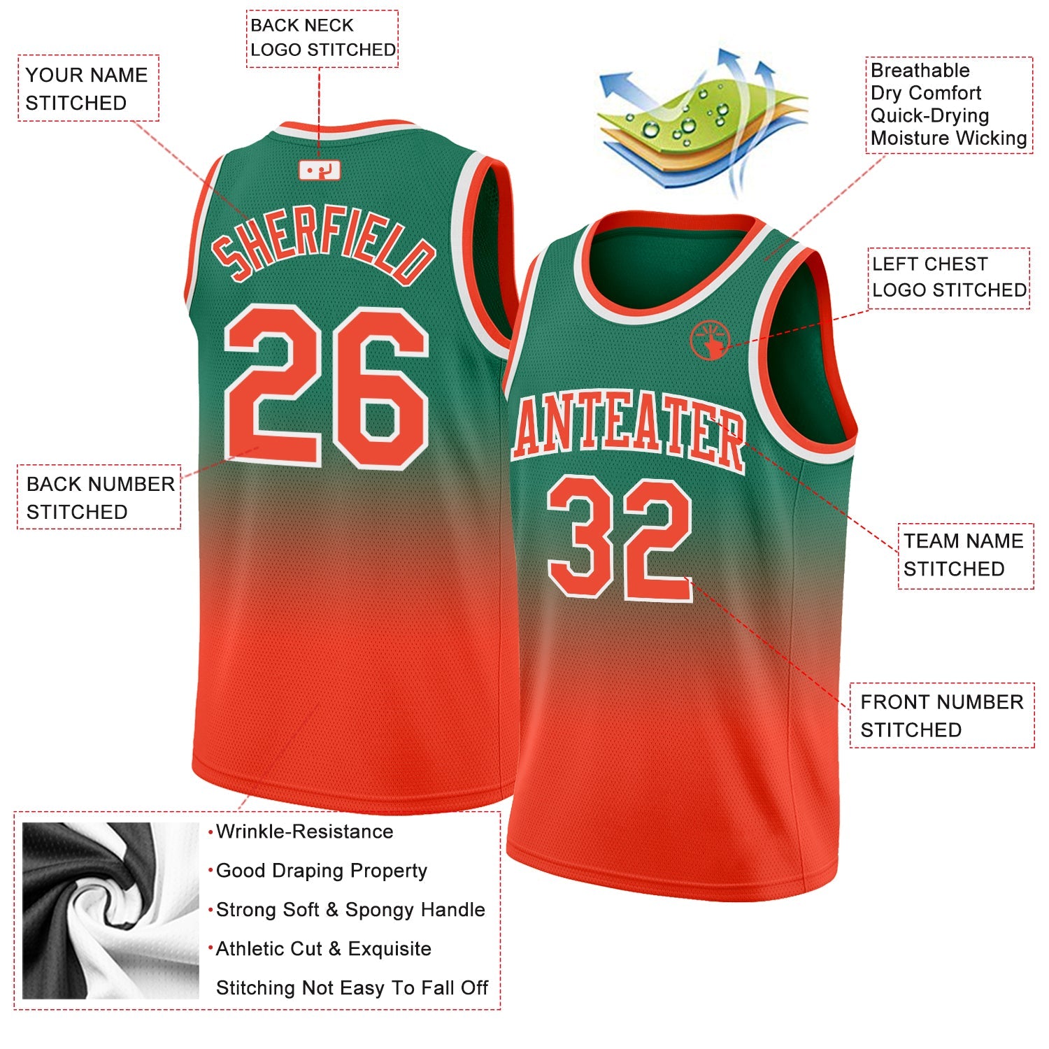 Custom Kelly Green Orange-White Authentic Fade Fashion Basketball Jersey view 2