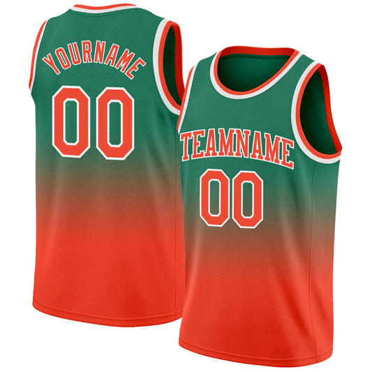 Custom Kelly Green Orange-White Authentic Fade Fashion Basketball Jersey - Main View