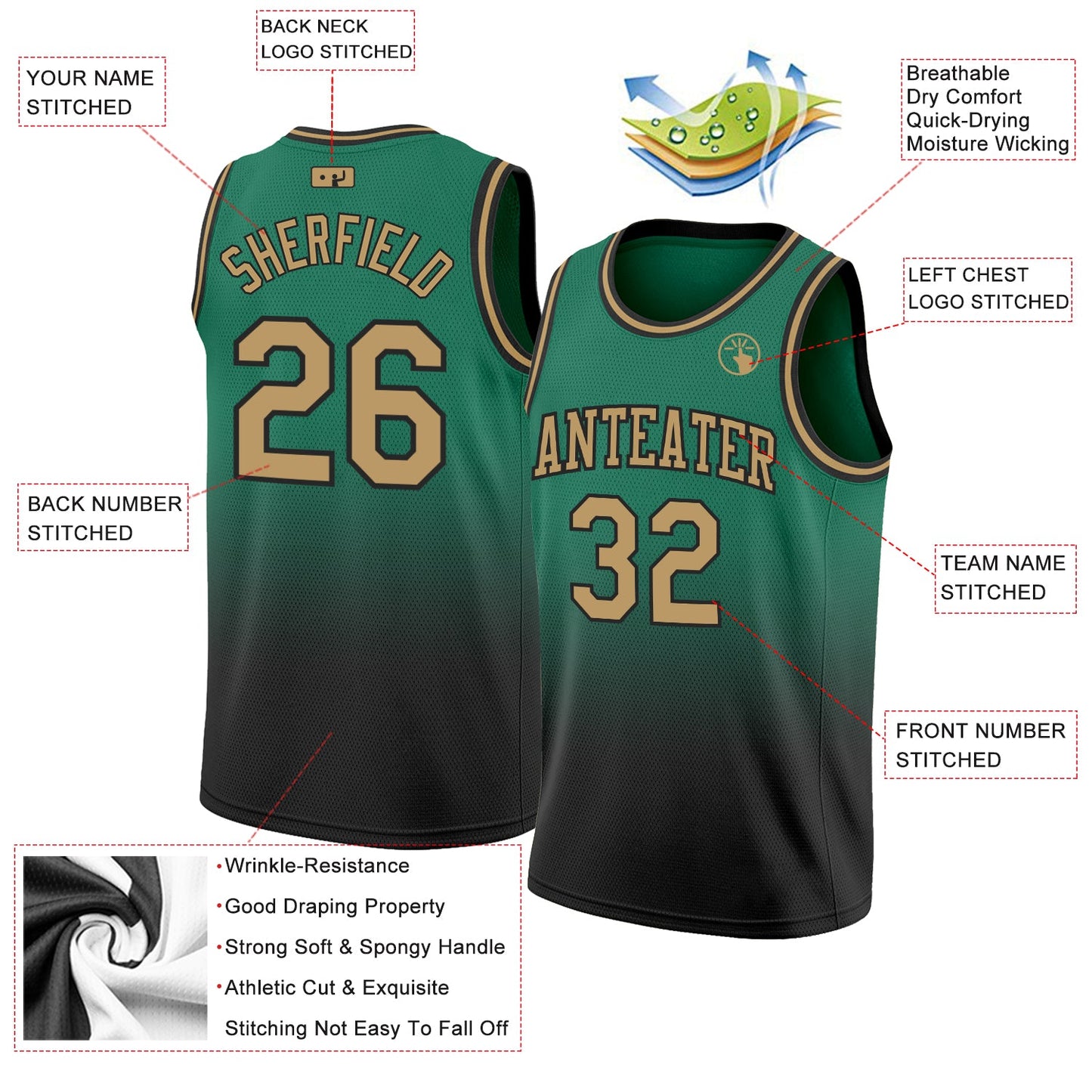 Custom Kelly Green Old Gold-Black Authentic Fade Fashion Basketball Jersey view 2