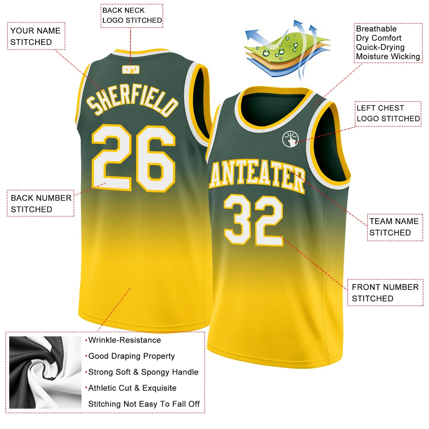 Custom Hunter Green White-Gold Authentic Fade Fashion Basketball Jersey view 2