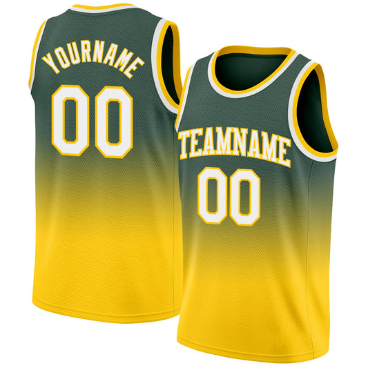 Custom Hunter Green White-Gold Authentic Fade Fashion Basketball Jersey - Main View