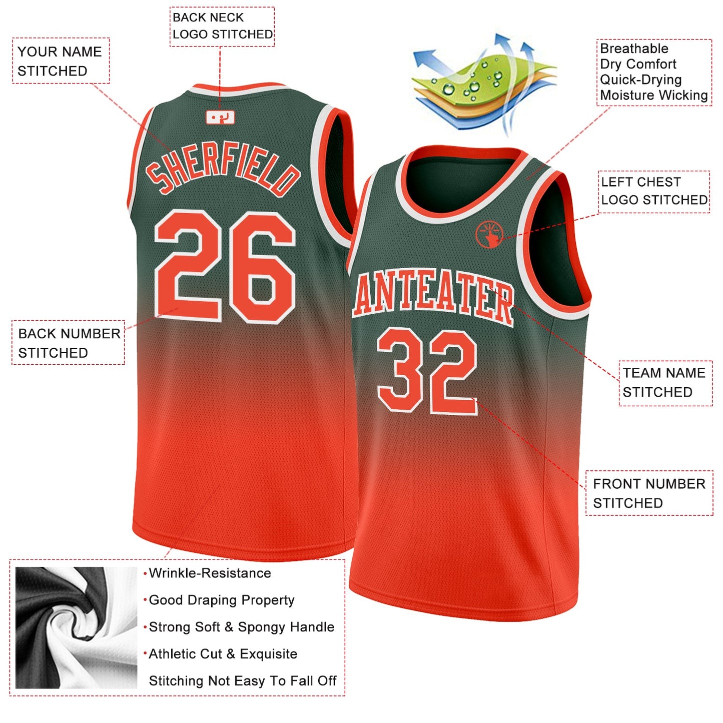 Custom Hunter Green Orange-White Authentic Fade Fashion Basketball Jersey view 2
