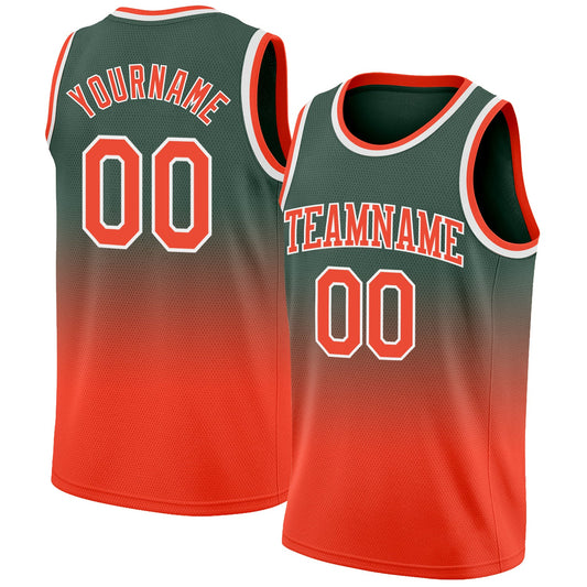 Custom Hunter Green Orange-White Authentic Fade Fashion Basketball Jersey - Main View