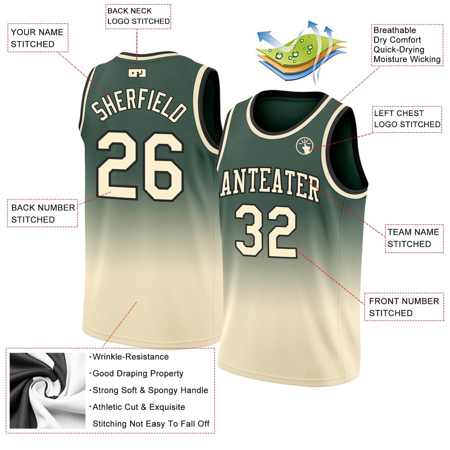 Custom Hunter Green Cream-Black Authentic Fade Fashion Basketball Jersey view 2