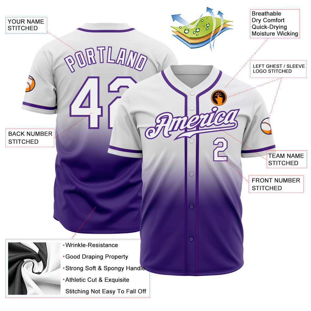 Custom White White-Purple Authentic Fade Fashion Baseball Jersey view 3