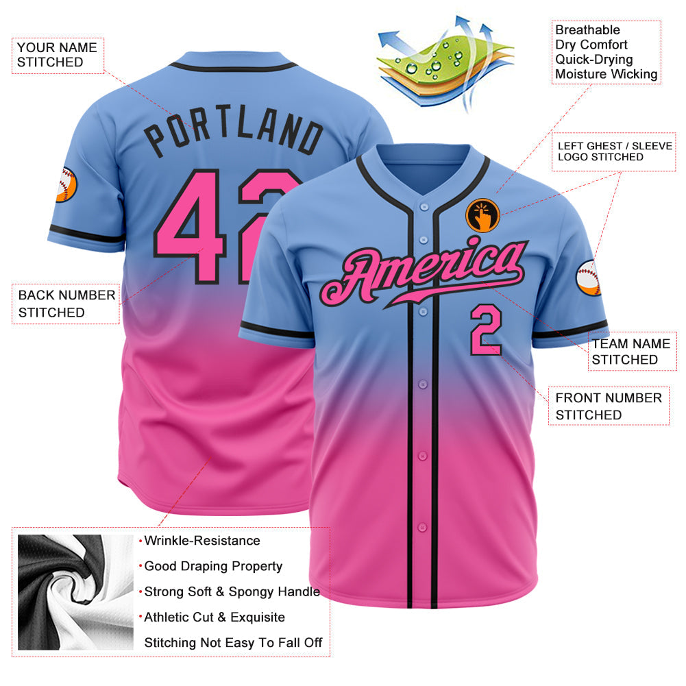 Custom Light Blue Pink-Black Authentic Fade Fashion Baseball Jersey view 2