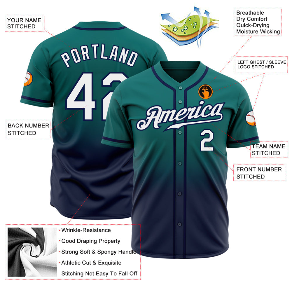 Custom Teal White-Navy Authentic Fade Fashion Baseball Jersey view 2