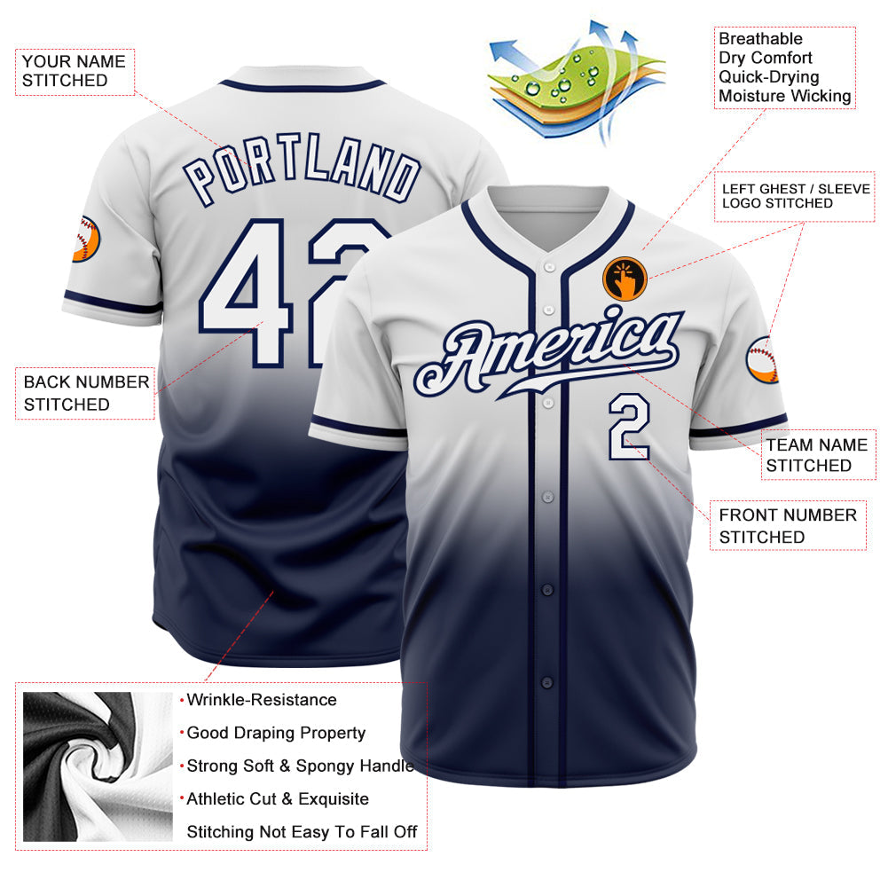 Custom White White-Navy Authentic Fade Fashion Baseball Jersey view 2