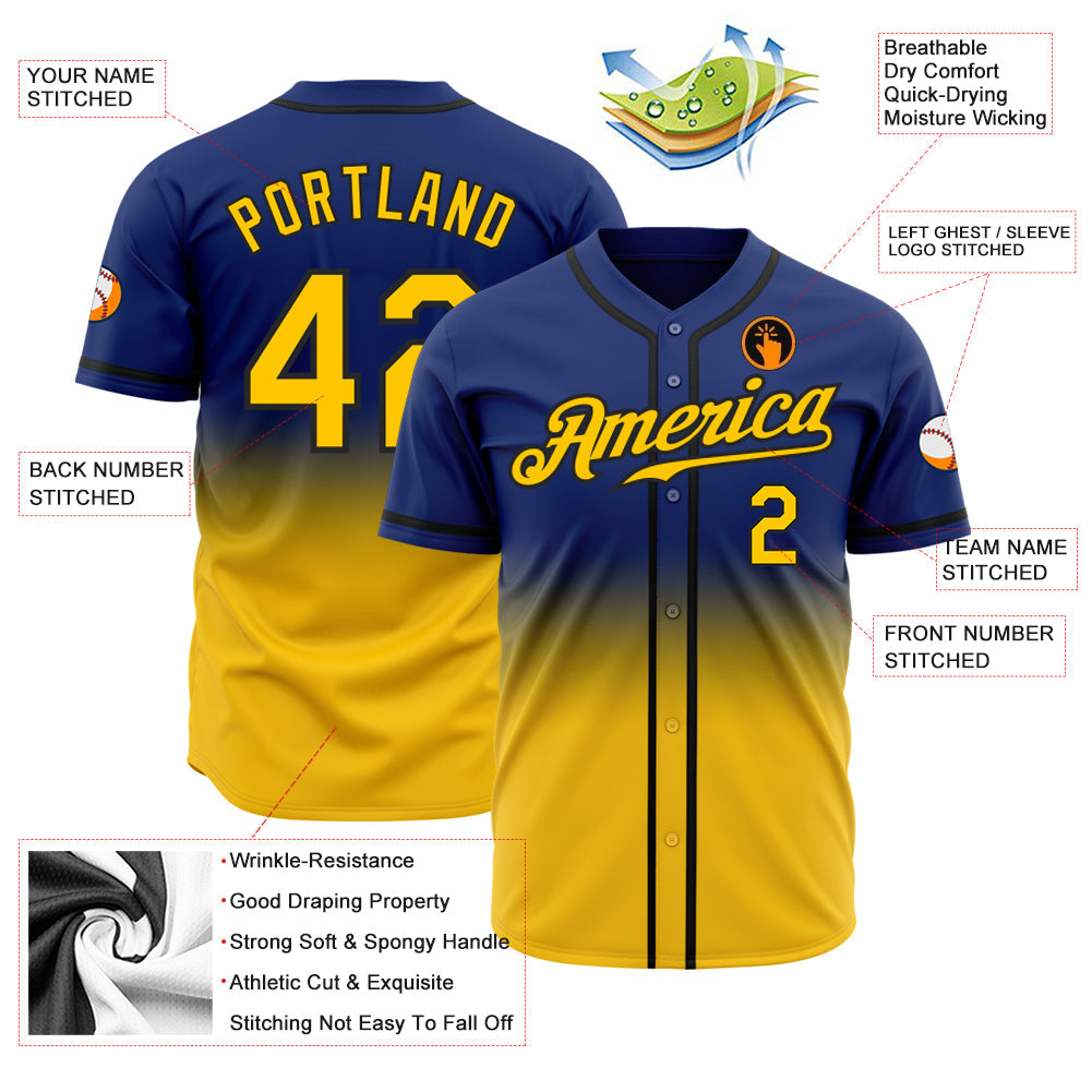 Custom Royal Yellow-Black Authentic Fade Fashion Baseball Jersey view 3