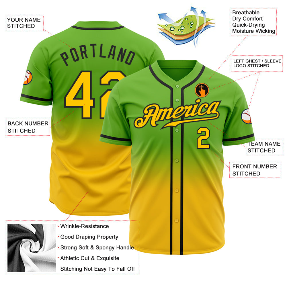 Custom Neon Green Yellow-Black Authentic Fade Fashion Baseball Jersey view 2