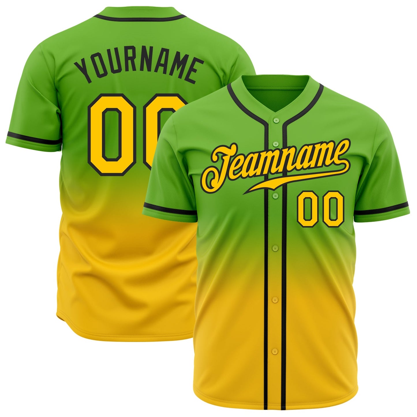 Custom Neon Green Yellow-Black Authentic Fade Fashion Baseball Jersey - Main View
