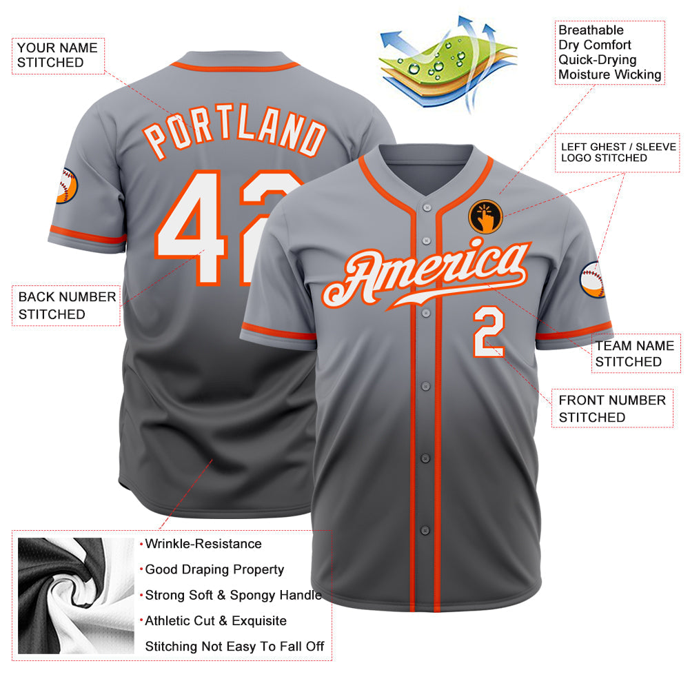 Custom Gray White Steel Gray-Orange Authentic Fade Fashion Baseball Jersey view 2