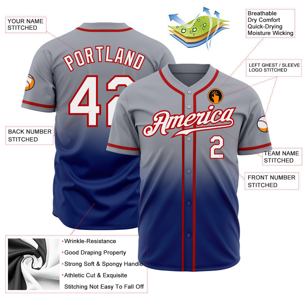 Custom Gray White Royal-Red Authentic Fade Fashion Baseball Jersey view 2
