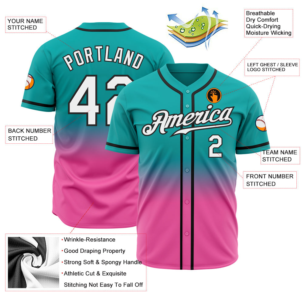 Custom Aqua White Pink-Black Authentic Fade Fashion Baseball Jersey view 2