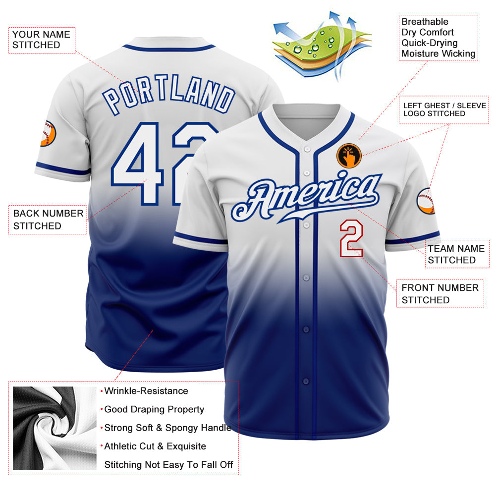 Custom White White Royal-Red Authentic Fade Fashion Baseball Jersey view 2