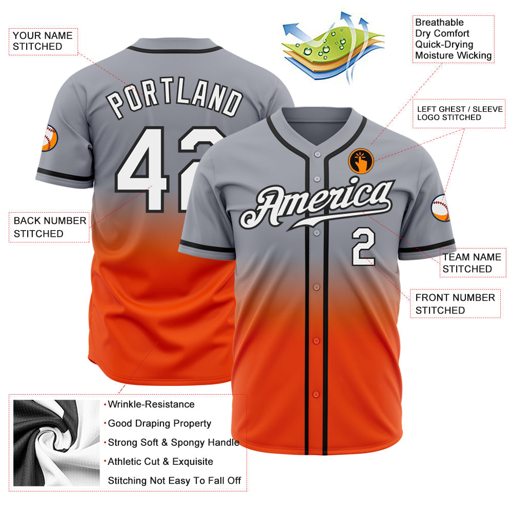 Custom Gray White Orange-Black Authentic Fade Fashion Baseball Jersey view 2