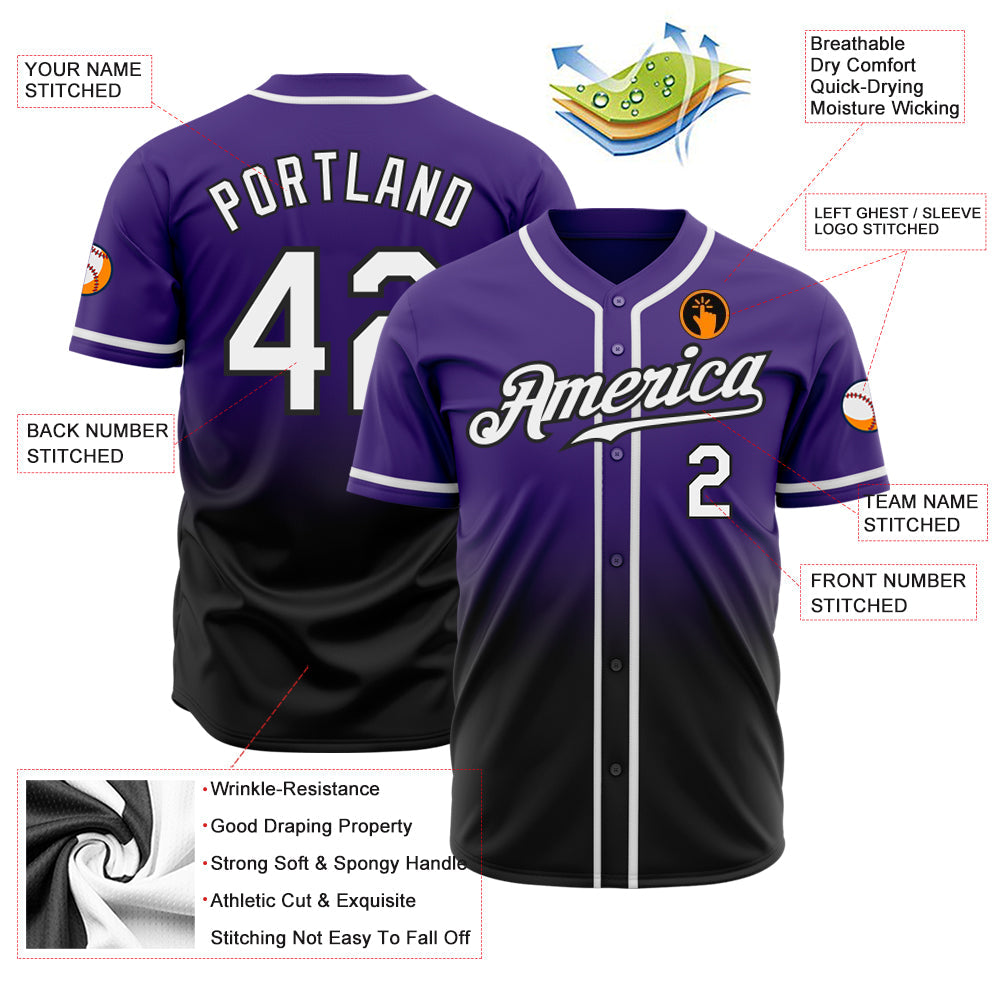 Custom Purple White-Black Authentic Fade Fashion Baseball Jersey view 2
