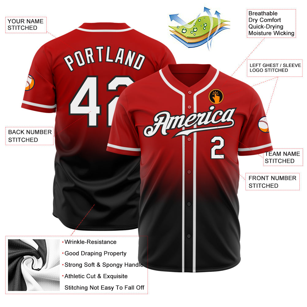 Custom Red White-Black Authentic Fade Fashion Baseball Jersey view 2