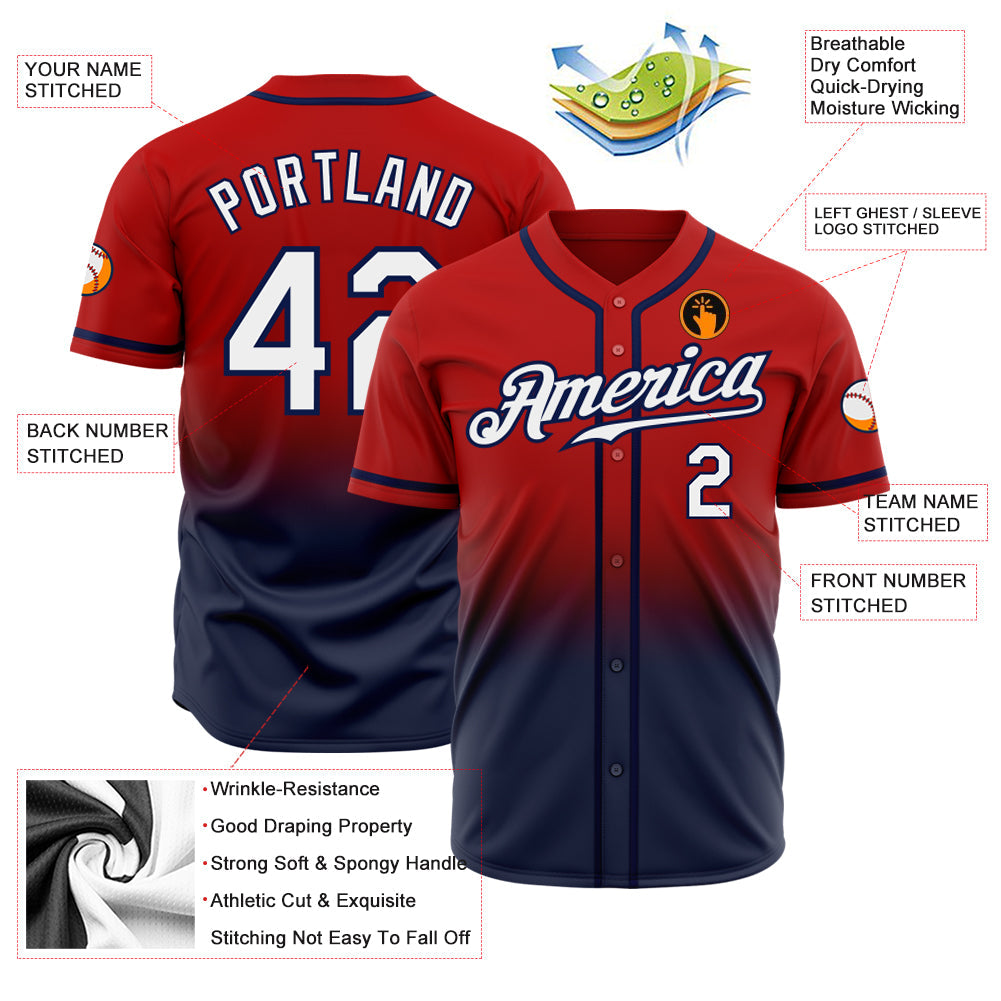 Custom Red White-Navy Authentic Fade Fashion Baseball Jersey view 2