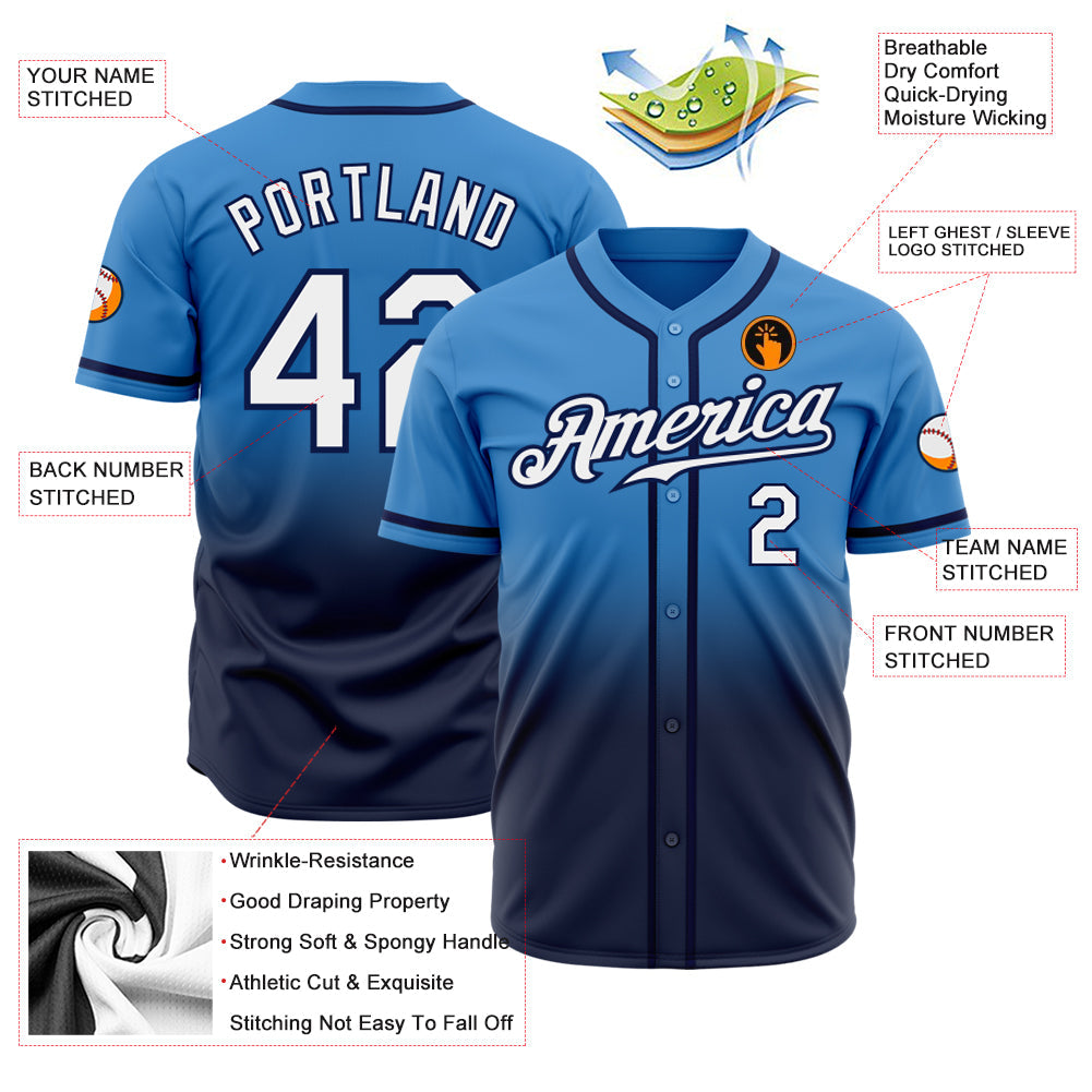 Custom Powder Blue White-Navy Authentic Fade Fashion Baseball Jersey view 2