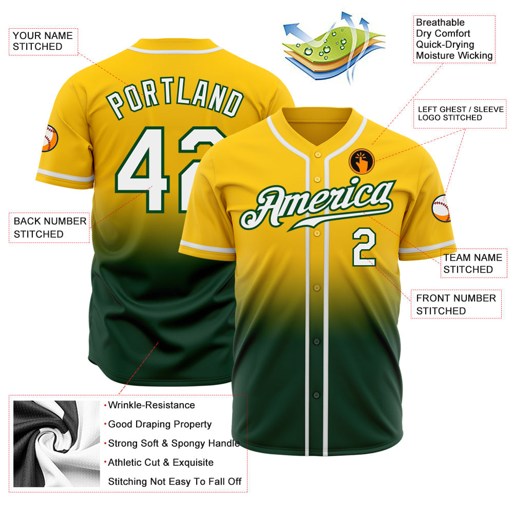 Custom Yellow White-Green Authentic Fade Fashion Baseball Jersey view 2