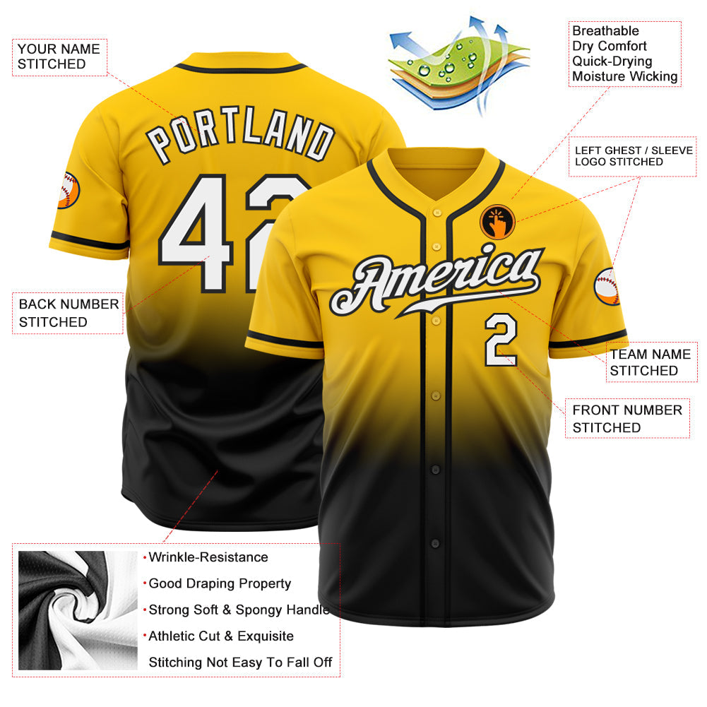 Custom Yellow White-Black Authentic Fade Fashion Baseball Jersey view 2