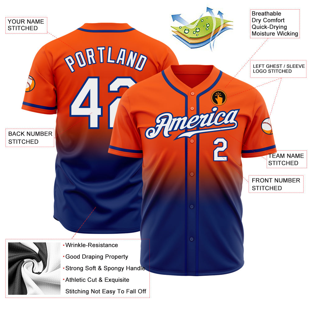 Custom Orange White-Royal Authentic Fade Fashion Baseball Jersey view 2
