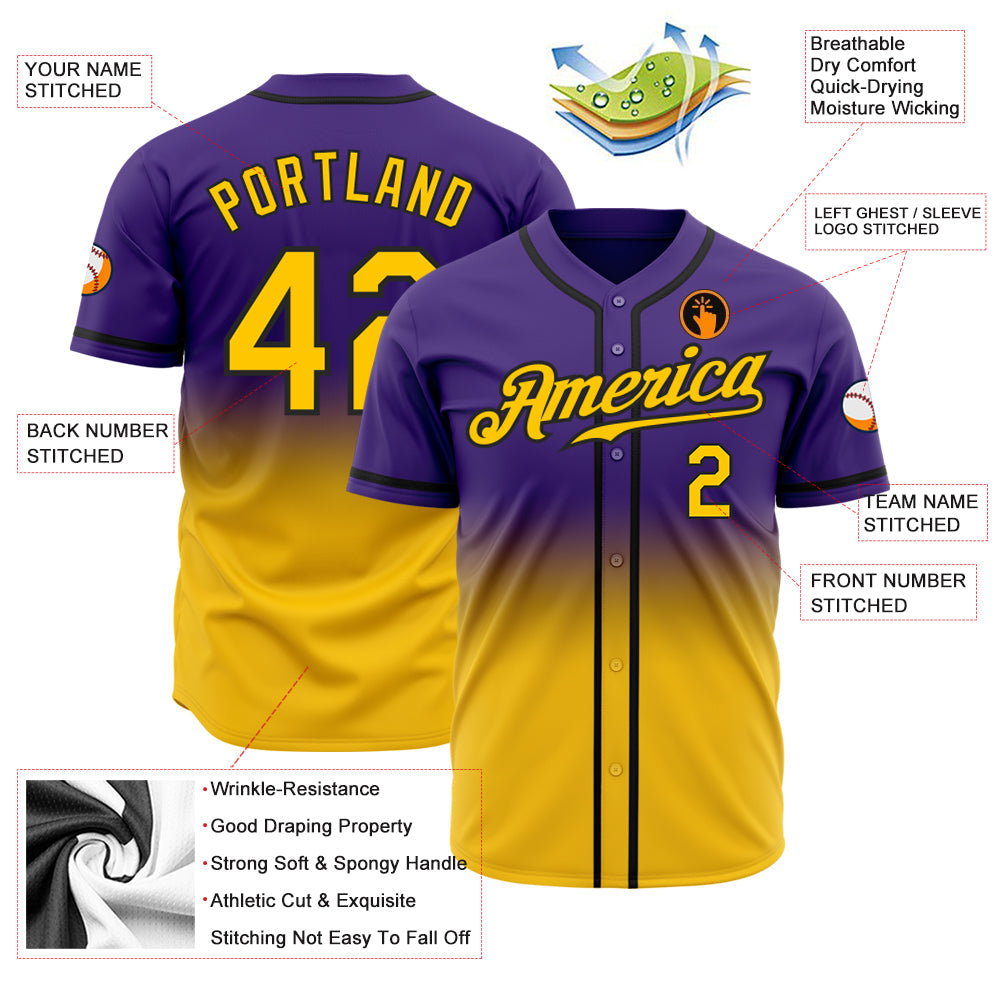 Custom Purple Yellow-Black Authentic Fade Fashion Baseball Jersey view 2